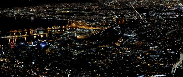 Aerial view of Cape Town city lights at night