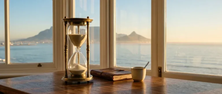A brass hourglass, a leather notebook and a cup on a wooden table by a window overlooking Table Mountain