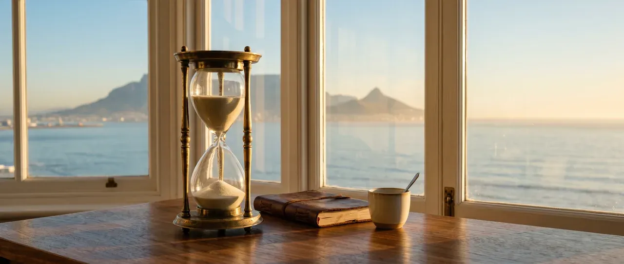 A brass hourglass, a leather notebook and a cup on a wooden table by a window overlooking Table Mountain