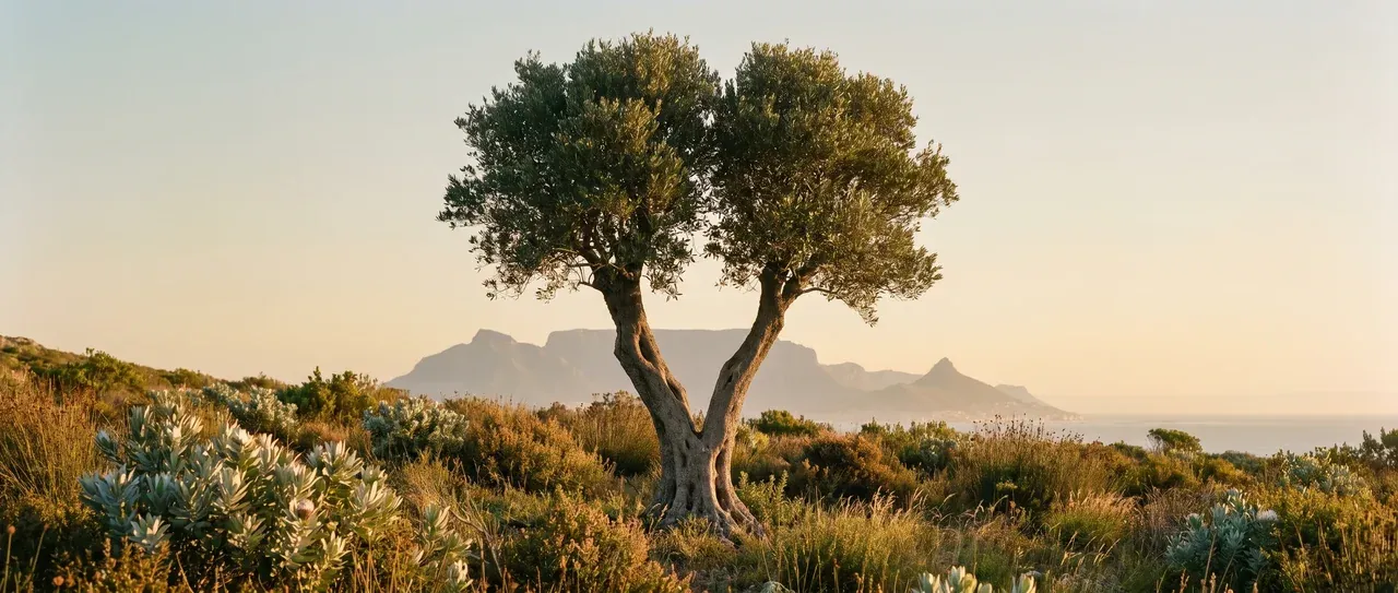 A twin-trunked olive tree among fynbos shrubs in golden evening light, with Table Mountain on the horizon