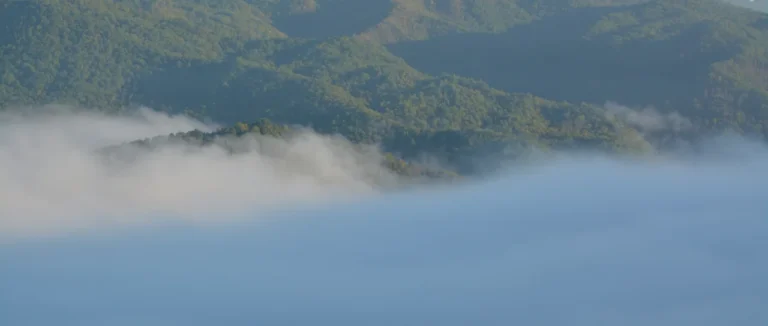 Misty mountain ridges rising above a blanket of morning fog