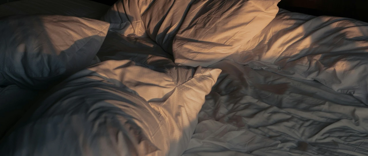 Morning sun on rumpled pillows and a white duvet on an unmade bed