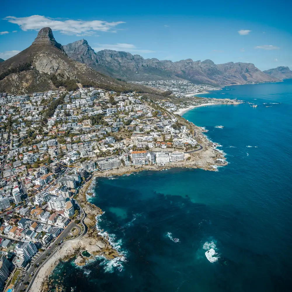 Aerial view of Cape Town's Atlantic Seaboard coastline and sea