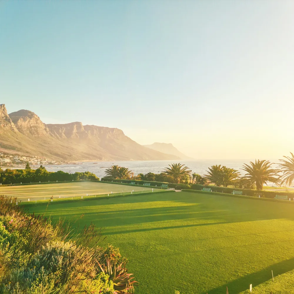 A green bowling lawn above Camps Bay, palm trees and the sea below the mountain in golden morning light