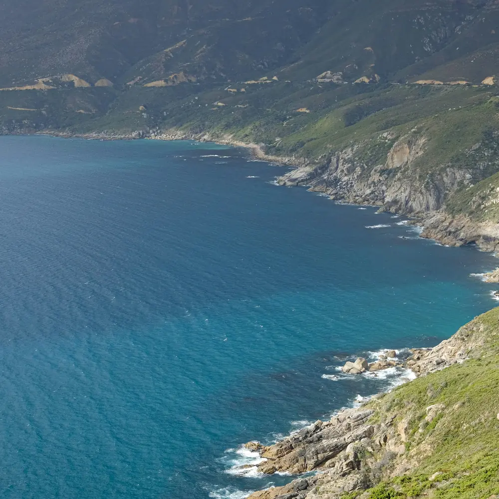 A calm green and brown mountain beside the sea in the Western Cape