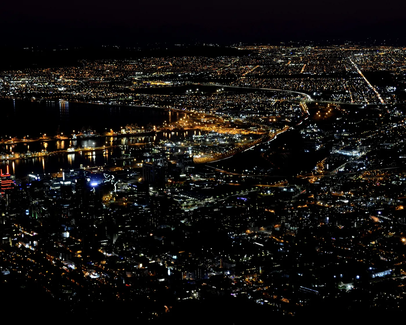 Aerial view of Cape Town city lights at night