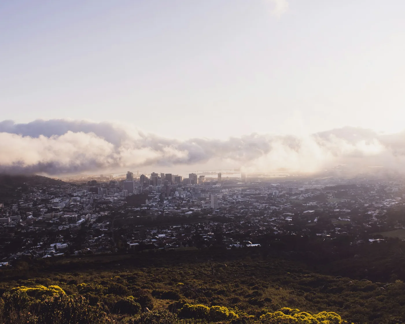Cape Town's city bowl at sunrise, cloud and mist rolling over the mountain behind the buildings