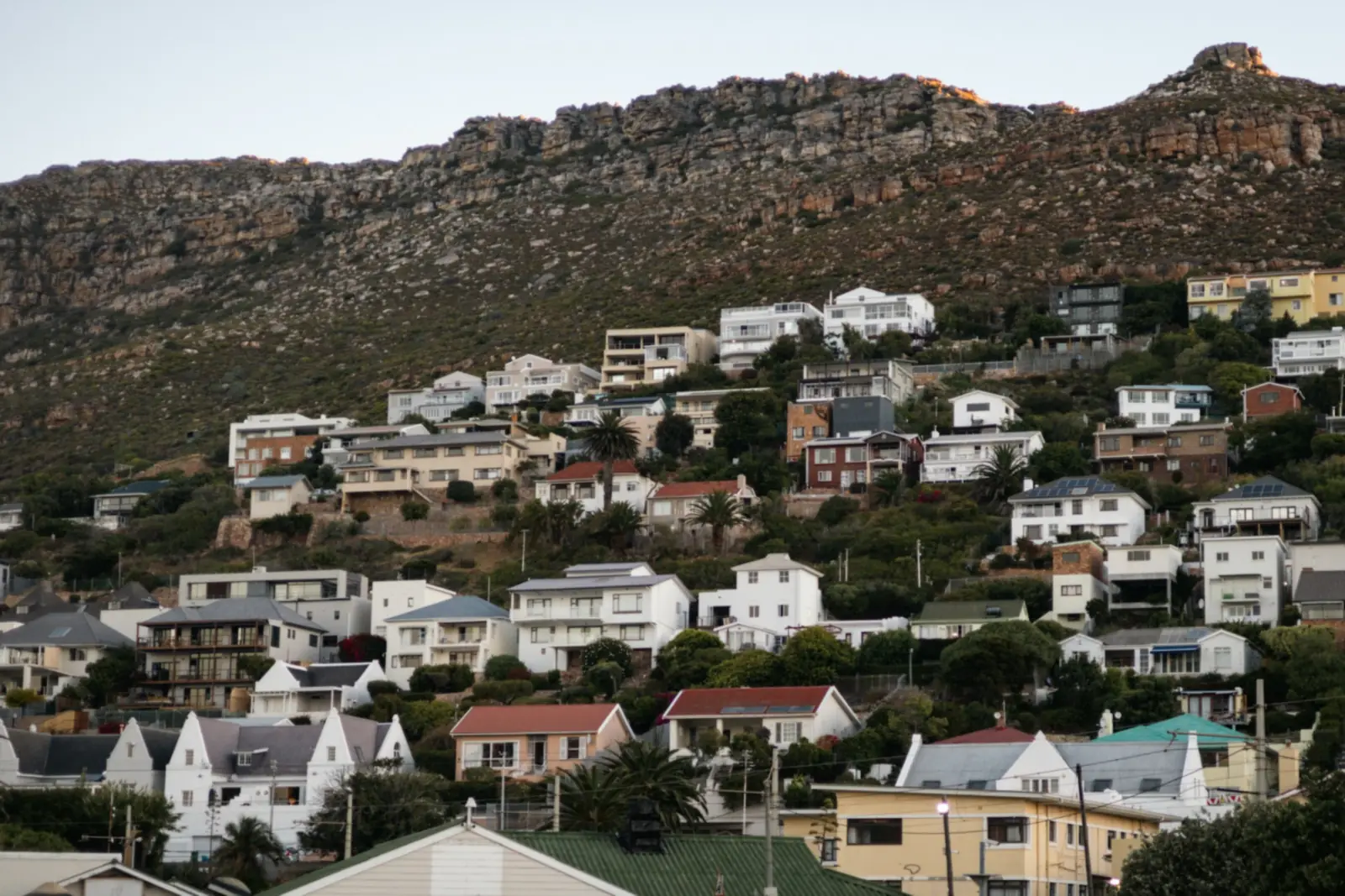 Houses climbing a mountainside above Fish Hoek, Cape Town, in evening light