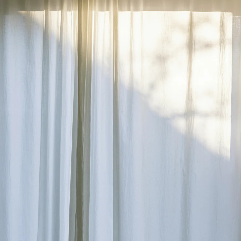 Morning light and the shadow of a tree falling through a sheer white curtain
