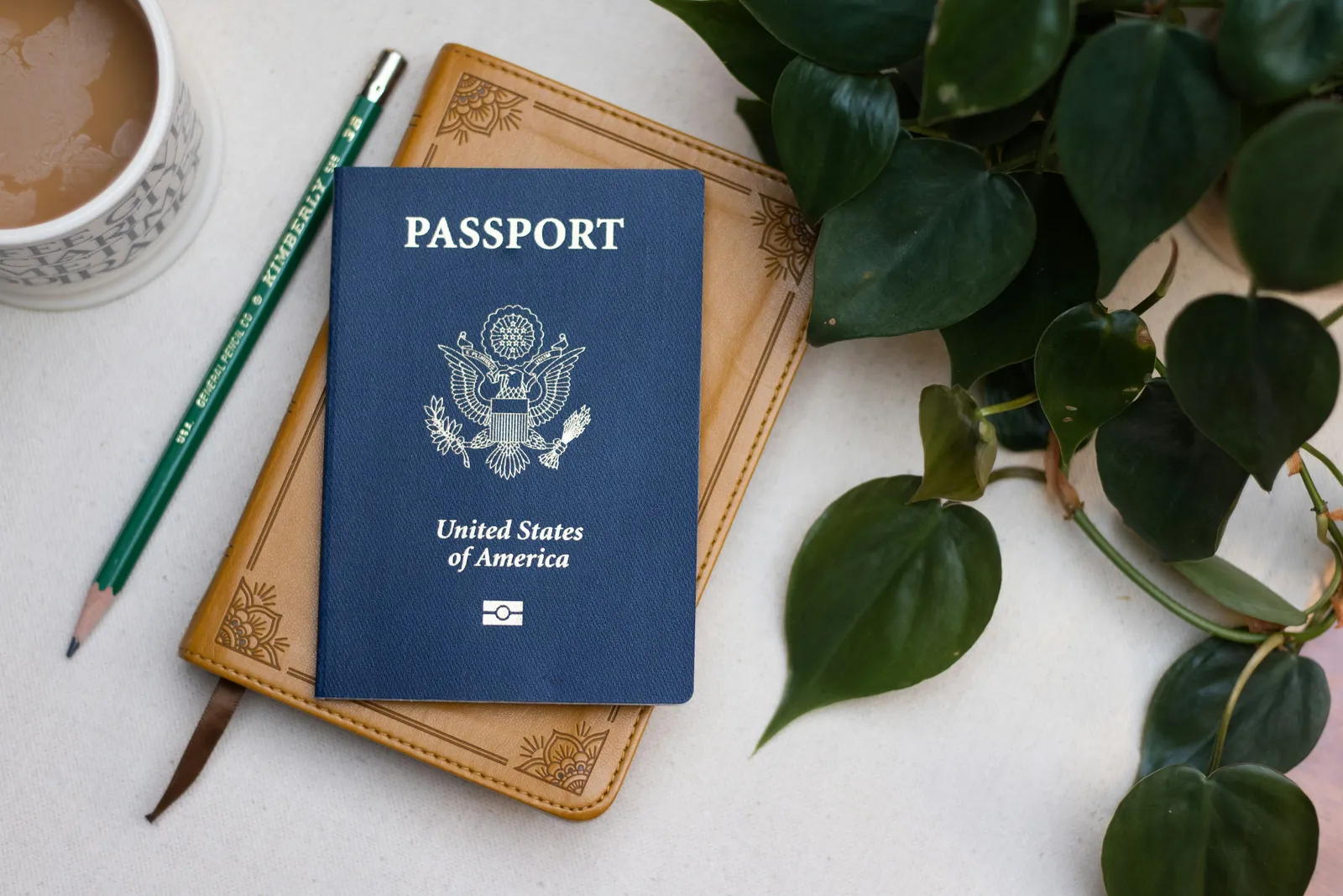 A blue United States passport lying on a tan leather notebook beside a cup of coffee and green leaves