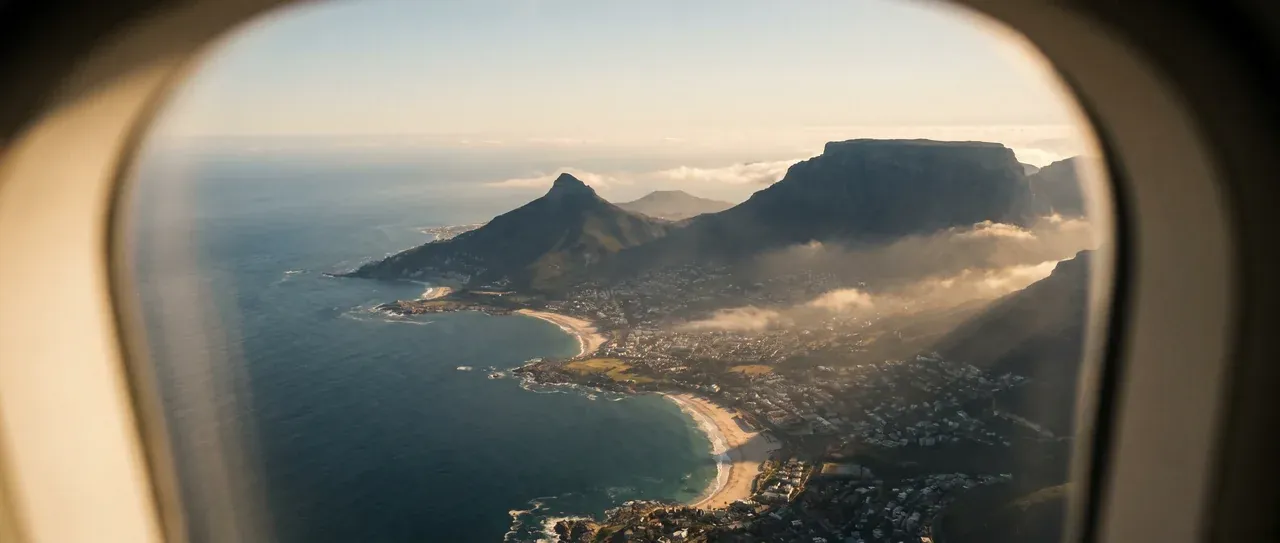 Table Mountain and Cape Town's Atlantic coastline seen from an aeroplane window