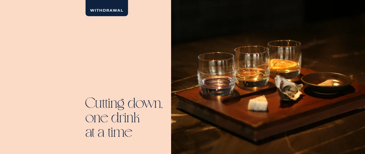 Three whisky glasses with smaller and smaller pours, a picture of tapering off alcohol step by step