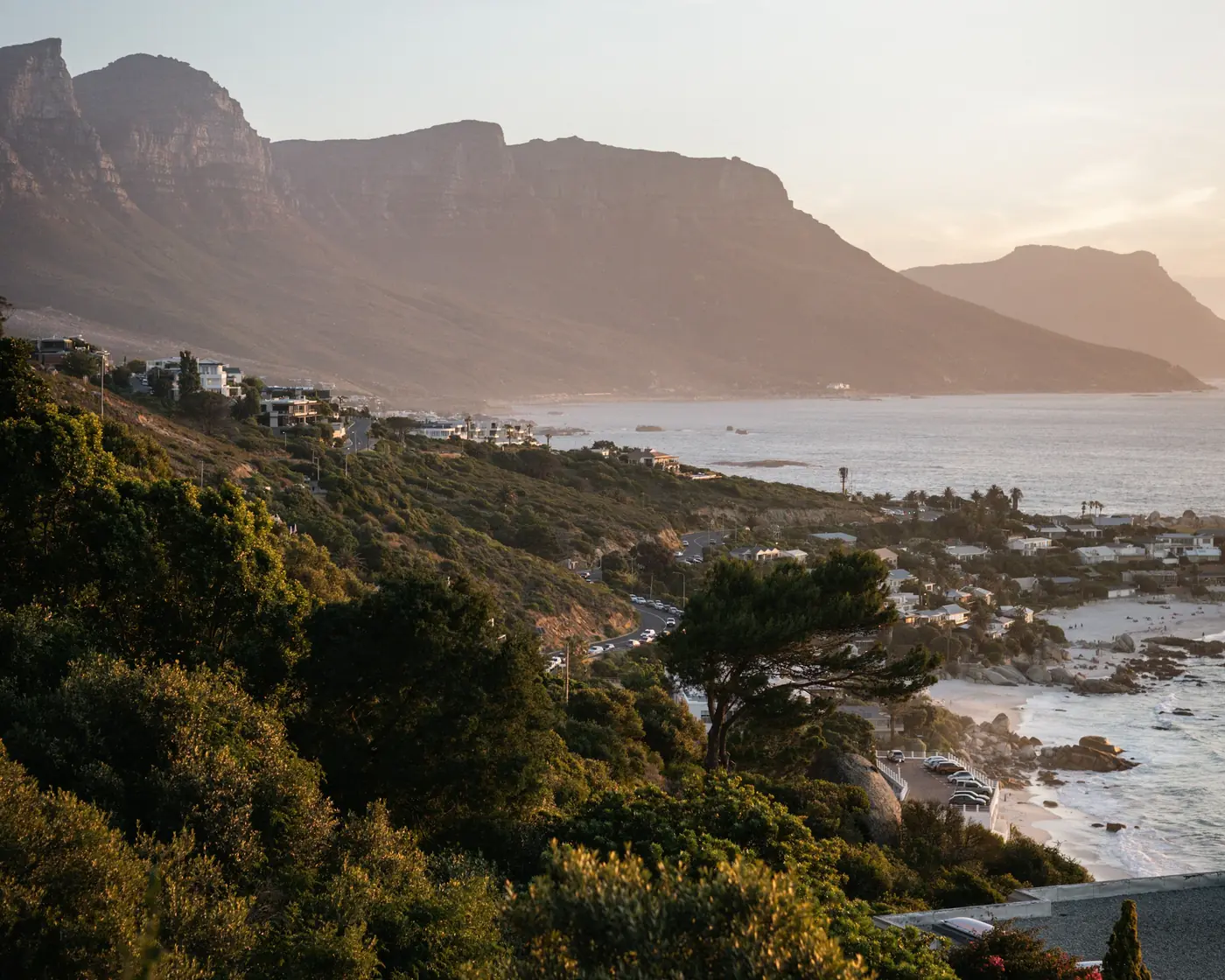Golden evening light on mountains and the coast of the Cape Peninsula, with houses among green bush