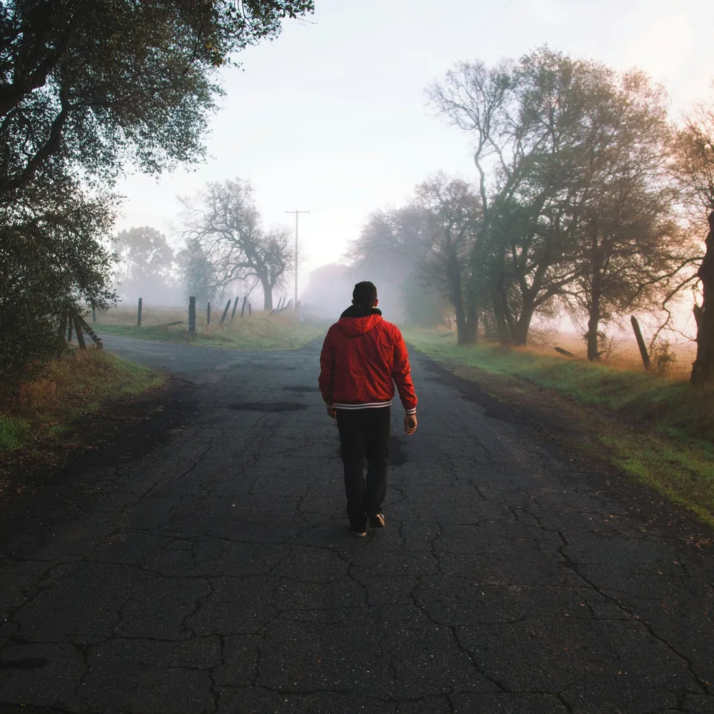 Person in a red jacket walking along a misty country road at dawn