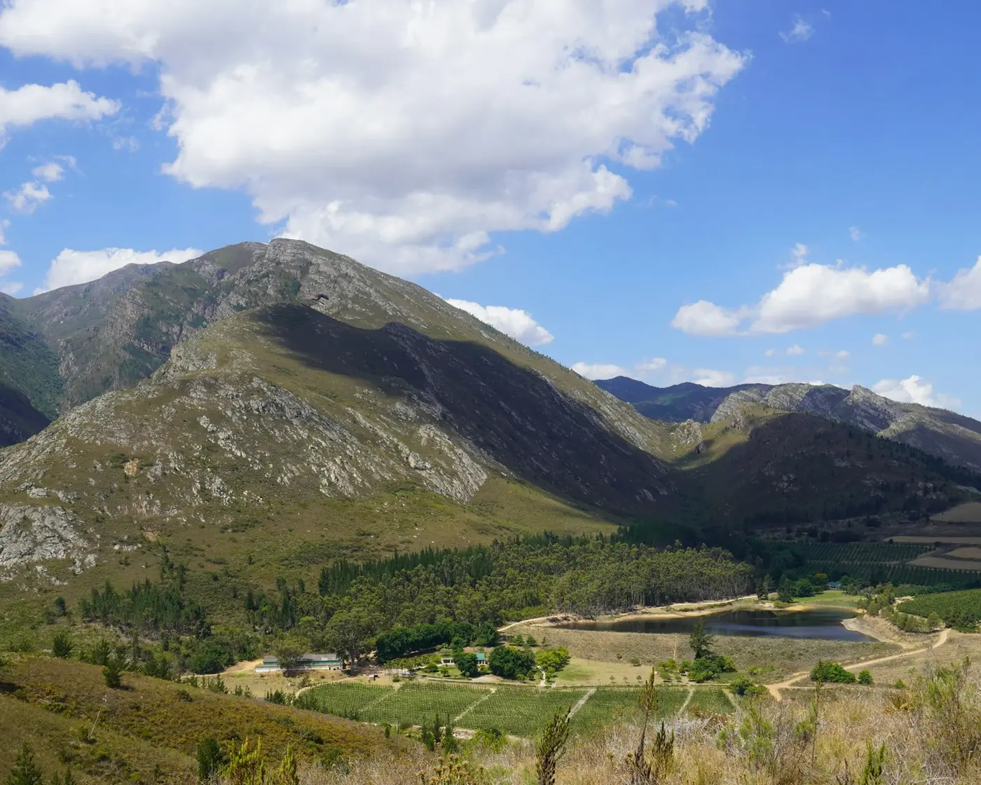 A green mountain valley with farmland below a blue sky with scattered clouds