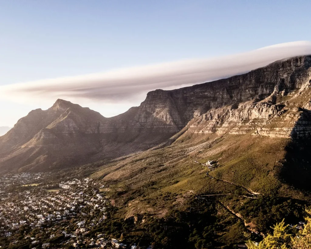 Table Mountain with its tablecloth cloud above Cape Town in soft morning light